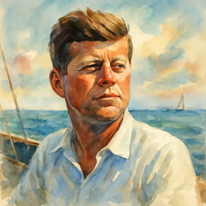 Watercolor portrait of John F. Kennedy by the sea
