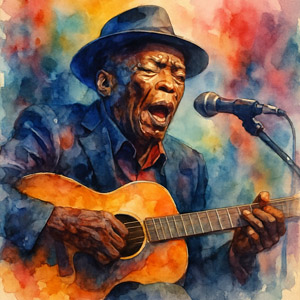 Passionate Watercolor of John Lee Hooker singing the blues