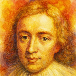 Watercolor portrait of John Milton, English poet, with thoughtful eyes and a soft, luminous background