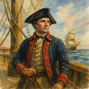 Portrait of John Paul Jones, U.S. Naval Hero with his ship, the Bon Homme Richard