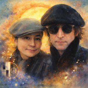 Watercolor portrait of John Lennon and Yoko Ono with glowing halo and musical symbols representing creativity and peace