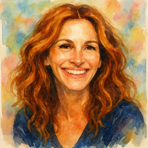 Watercolor portrait of Julia Roberts — radiant, confident, and full of life in the Daily Celebrations style