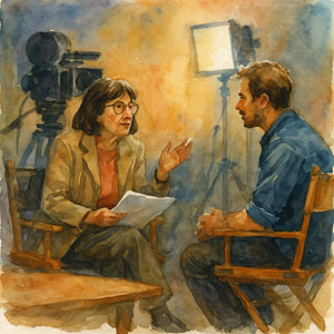 Watercolor of Pauline Kael in a studio or film set, seated and interviewing someone