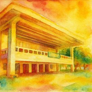 Watercolor of John F. Kennedy Theatre at the University of Hawaiʻi at Mānoa