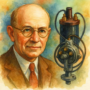 Watercolor of inventor Charles F. Kettering with his electrical ignition system