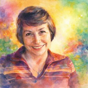 Watercolor portrait of Jean Kirkpatrick, founder of Women for Sobriety, radiant and gently smiling