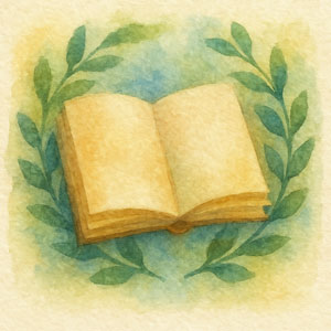 Square watercolor in Daily Celebrations style, open book and laurel leaves with radiant colors