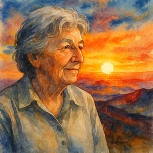 Elisabeth Kübler-Ross watercolor portrait at sunset in the Daily Celebrations style