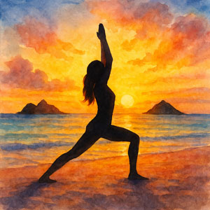 watercolor portrait of a woman doing yoga at sunrise at Lanikai beach oahu