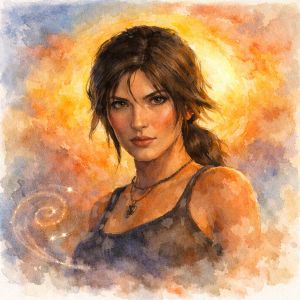 Watercolor portrait of Lara Croft with radiant golden halo and adventurous sky