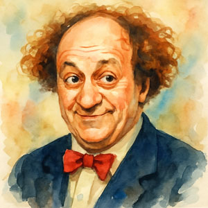 Watercolor portrait of Larry Fine from the Three Stooges, smiling with curly hair and bow tie.