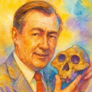 Watercolor portrait of Richard Leakey with a skull in hand, a thoughtful expression inspired by discovery and the natural world