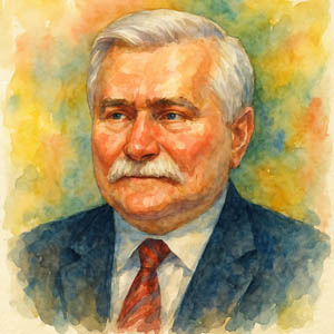 Watercolor-style portrait of Lech Wałęsa