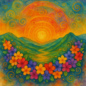 Watercolor of the Koolau mountains at sunrise, symbolizing friendship and aloha