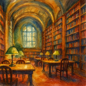 Square watercolor of books and gentle light, no words