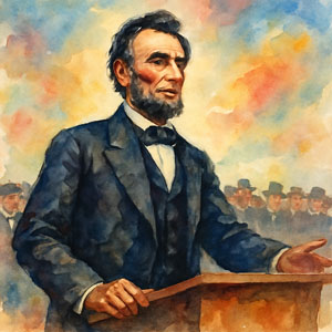 Watercolor portrait of Abraham Lincoln, dignified and thoughtful, evoking the Gettysburg Address