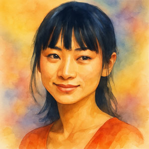 Watercolor portrait of Bai Ling — luminous, bold, and full of radiant presence