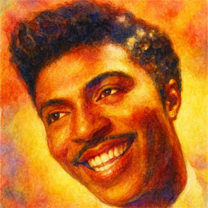 Watercolor portrait of Little Richard, joyful and electrifying at the piano