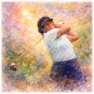 Nancy Lopez mid-swing in golden watercolor light