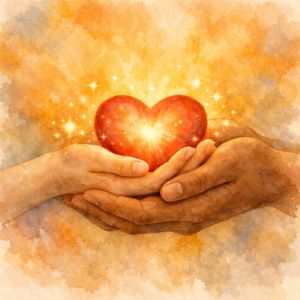 Watercolor figure with hands over heart and radiant golden halo