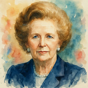 Watercolor portrait of Margaret Thatcher with composed expression and warm, dignified colors