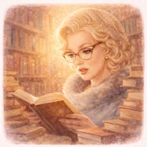 Watercolor portrait of Marilyn Monroe reading quietly, reflecting her inner life, intelligence, and gentle humanity