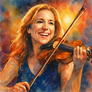 Watercolor portrait of Martie Maguire with joyful stage light and fiddle in hand