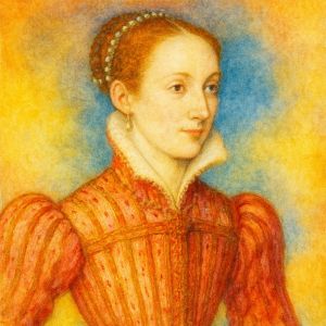 Watercolor portrait of Mary Stuart in a red embroidered gown against soft golden light.