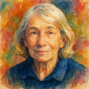 Square watercolor portrait of Mary Oliver in the Daily Celebrations style—gentle light, serene gaze