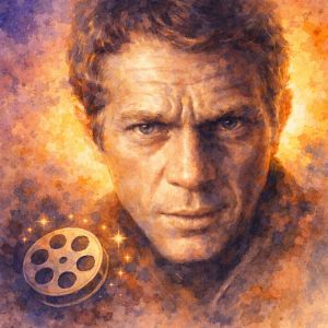 Watercolor portrait of Steve McQueen, iconic American film actor known for cool independence and piercing blue eyes