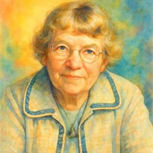 Watercolor portrait of Margaret Mead in thoughtful, radiant colors