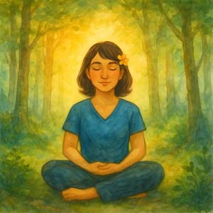 meditating in the asheville forest, surrounded by light