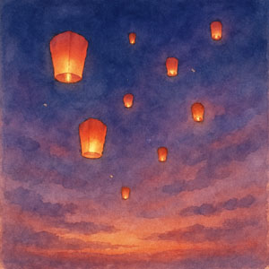 Square watercolor in Daily Celebrations style — twilight sky with scattered lanterns, drifting like memories