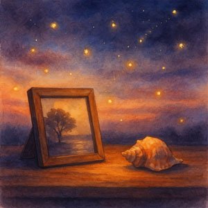 Square watercolor in Daily Celebrations style — soft evening glow with keepsakes and gentle light, a tribute to memory