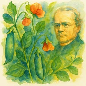 Watercolor of Gregor Mendel with pea plants