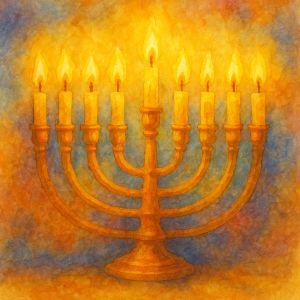Watercolor of a glowing Hanukkah menorah in warm, radiant light.