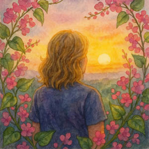 Watercolor of a woman gazing at sunrise, surrounded by blooming Mexican Creeper vines, symbolizing love’s beauty and entanglement
