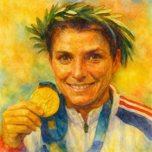 Watercolor portrait of Mia Hamm in motion on the soccer field, light and determined