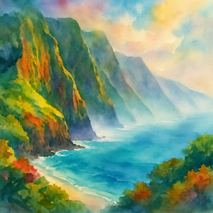 Watercolor of Molokaʻi’s sacred cliffs rising above a misty sea, radiant with gentle light and island grace.