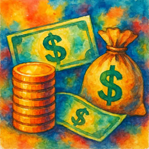 Still life of paper bills and coins — a visual cue for money and wealth