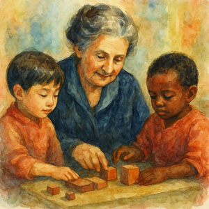 Watercolor of Maria Montessori with children