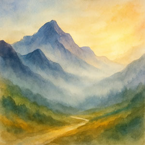 Square watercolor of misty mountains at sunrise — winding path, gentle light