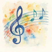 Watercolor treble clef and music notes
