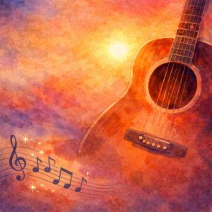 Watercolor painting of a guitar symbolizing the healing power of music and love