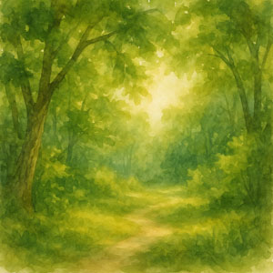 Square watercolor of a sunlit path beneath trees — soft greens, warm light