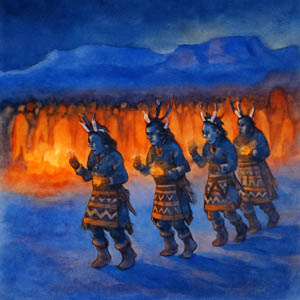 Watercolor painting inspired by the Navajo Night Chant, full of radiant light
