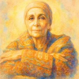 Watercolor portrait of Louise Nevelson in radiant, passionate colors