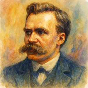 Watercolor portrait of Friedrich Nietzsche bathed in reflective golden light