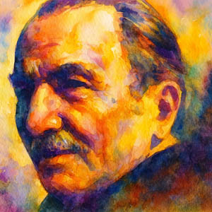 Watercolor portrait of Nikos Kazantzakis in radiant colors
