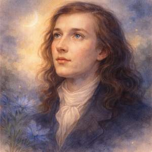Watercolor portrait of a Romantic poet in twilight indigo and gold light with blue flowers